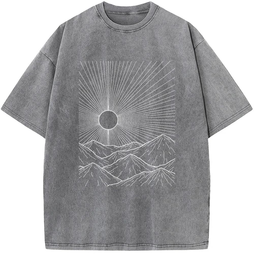 Outdoor Linear Peak Print Unisex Washed T-Shirt Cotton Summer Bleached Tshirt Funny Casual Loose Bleach Tee