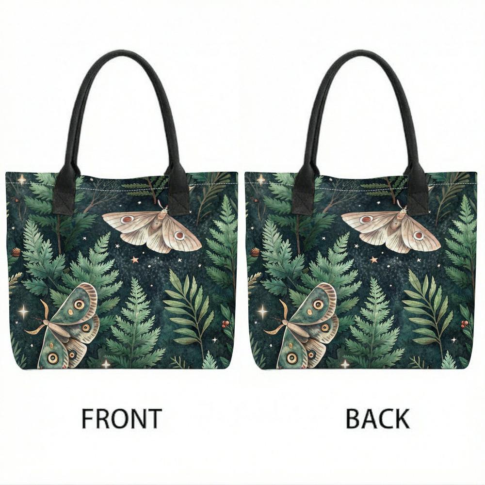 Cute Moth Fern Print Canvas Tote Bag Stylish Casual Daily Handbag for Women Portable Reusable Shopping Shoulder Bag