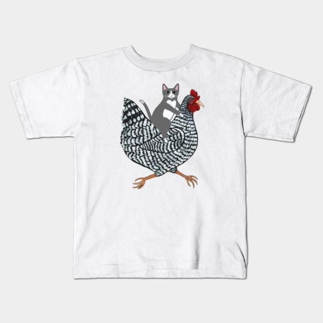 Boys Girls Soft Cotton Graphic Tees Grey Tuxedo Cat Chicken Ride! Breathable Daily School Wear Kids T-Shirts