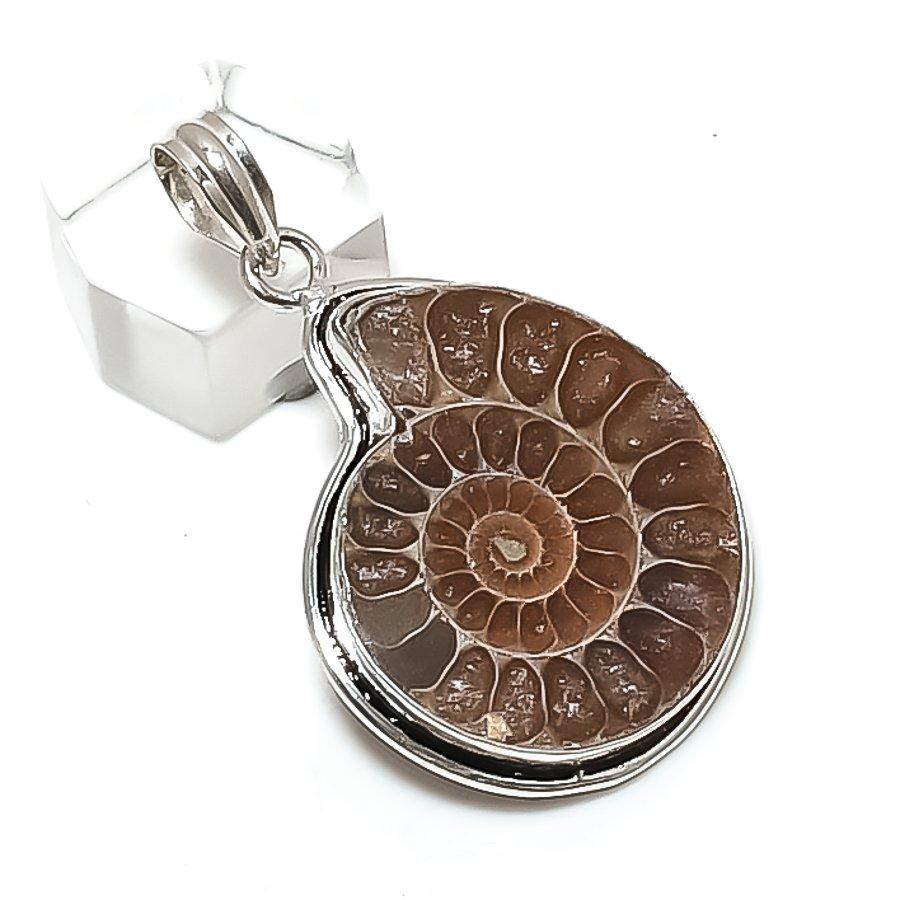 Ammonite Fossil Gemstone 925 Sterling Silver Jewelry Pendant 1.97"