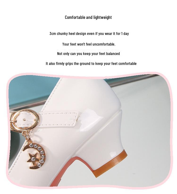 Girls' White Leather High Heels - New 2025 Princess Dance Shoes for Students, Sizes 25-40