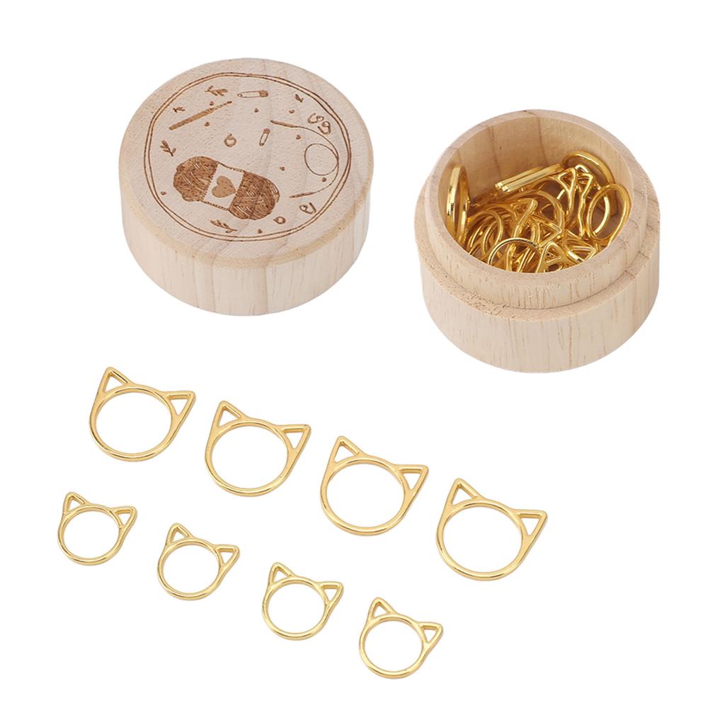 30pcs Stitch Marker Rings Cute Cat Head Shape Crochet Stitch Marker with Wooden Storage Box for