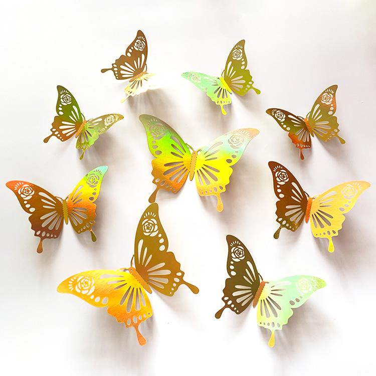 12 Peças Douradas Borboletas Vazadas 3D Adesivos de Parede Para Decoração de Casamento Decalques Sala de Estar Decoração de Casa Borboletas Adesivos de Jardim