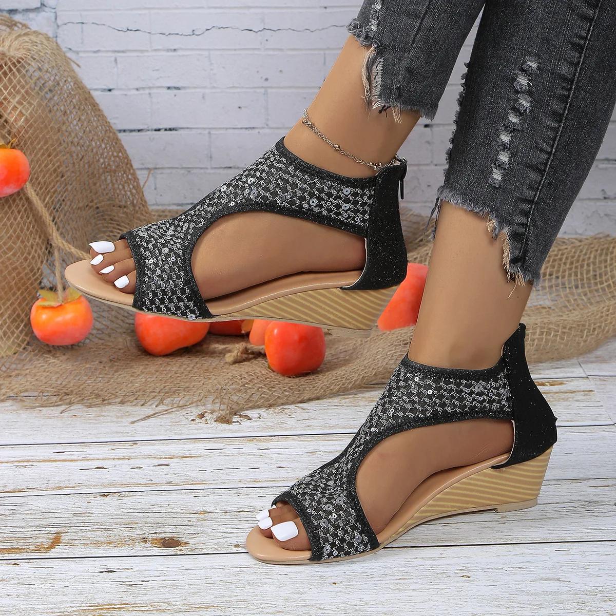 

Модные летние новые сандалии на танкетке с пайетками и сеткой, женские роскошные женские босоножки с открытым носком и молнией сзади, повседневные туфли в римском стиле Zapatos De Mujer 36 чёрный