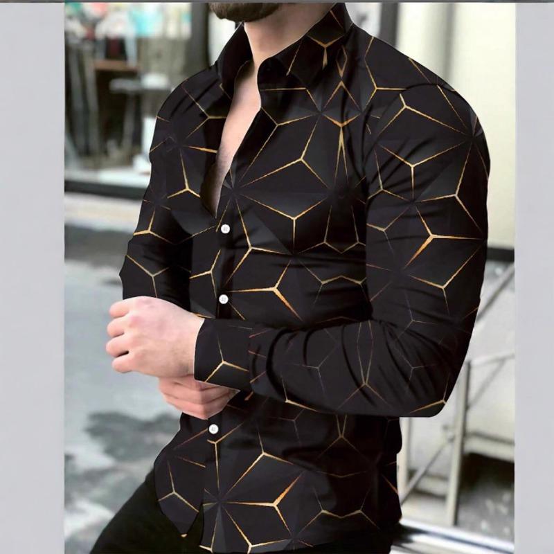 

Spring Men Geometric Print Long Sleeve Shirt Slim Fit Casual Top M чорний