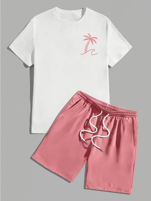 Conjunto de Camiseta de Manga Corta con Cuello Redondo y Estampado de Palmeras para Hombre y Pantalones Cortos