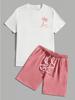 Set de vară pentru bărbați: Tricou cu gât rotund, mânecă scurtă, cu imprimeu copaci de cocos și pantaloni scurți