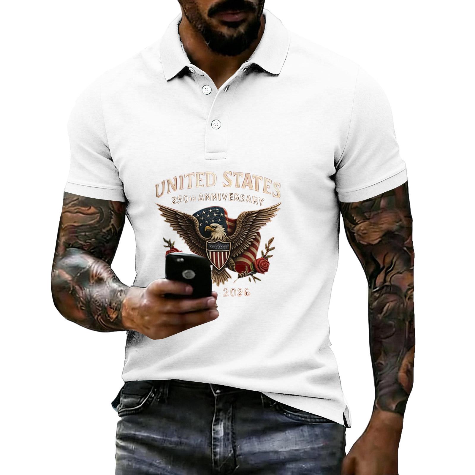 

Men s Loose Fit Casual Short Sleeve Polo Shirt with Eagle Print and Anniversary Design Suitable for Everyday Wear and Outdoor Activities XL