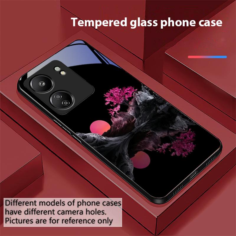 

Красная Луна Розовое Дерево Для Xiaomi Redmi 13C Note13 12 Pro Plus 5G Note 9 13T Pro POCO X6 F5 F6 Черный Чехол из Закаленного Стекла For Xiaomi Redmi 13C
