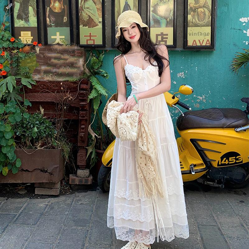 French Spaghetti Strap Dress for Women, Summer First Love Little White Dress, Yunnan Xinjiang Seaside Vacation Dress, Long Dress