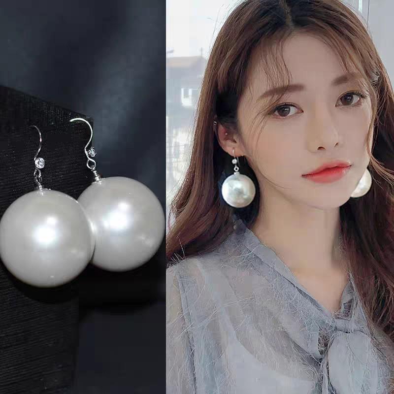 S925 Sterling Silver Korean Style Large Round Pearl Dangle Earrings for Women