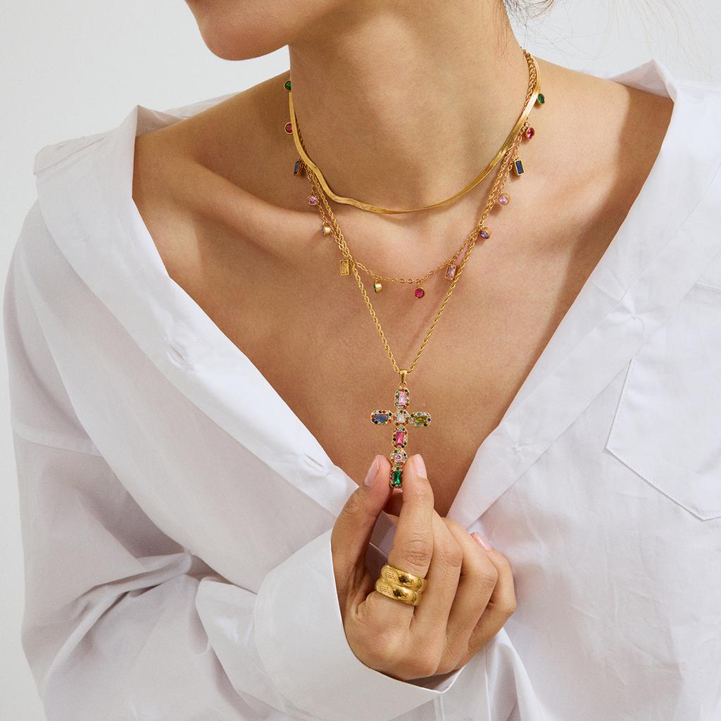 Youthway Vintage Elegant Stainless Steel Geometric Colorful Zircon Imitation Pearl Cross Pendant Necklace Set Women Jewelry Gift