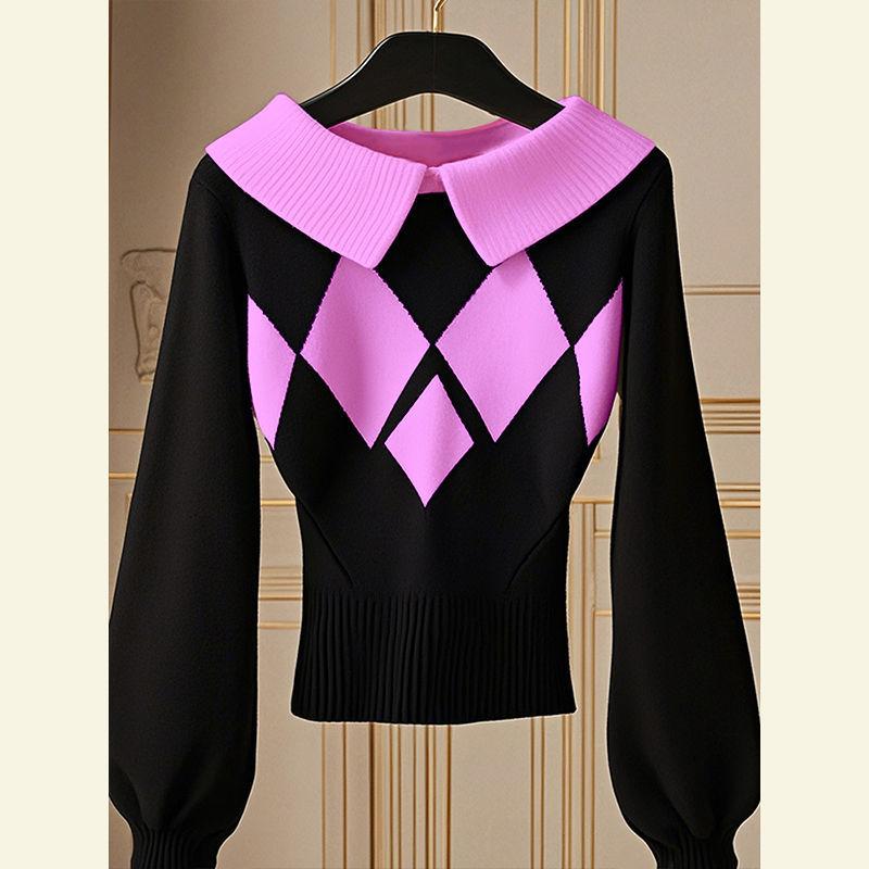 

Осень Зима Женский Плед Свитер Повседневный Приталенный Цветной Трикотаж Пуловер Вязаный Топ L фиолетовый