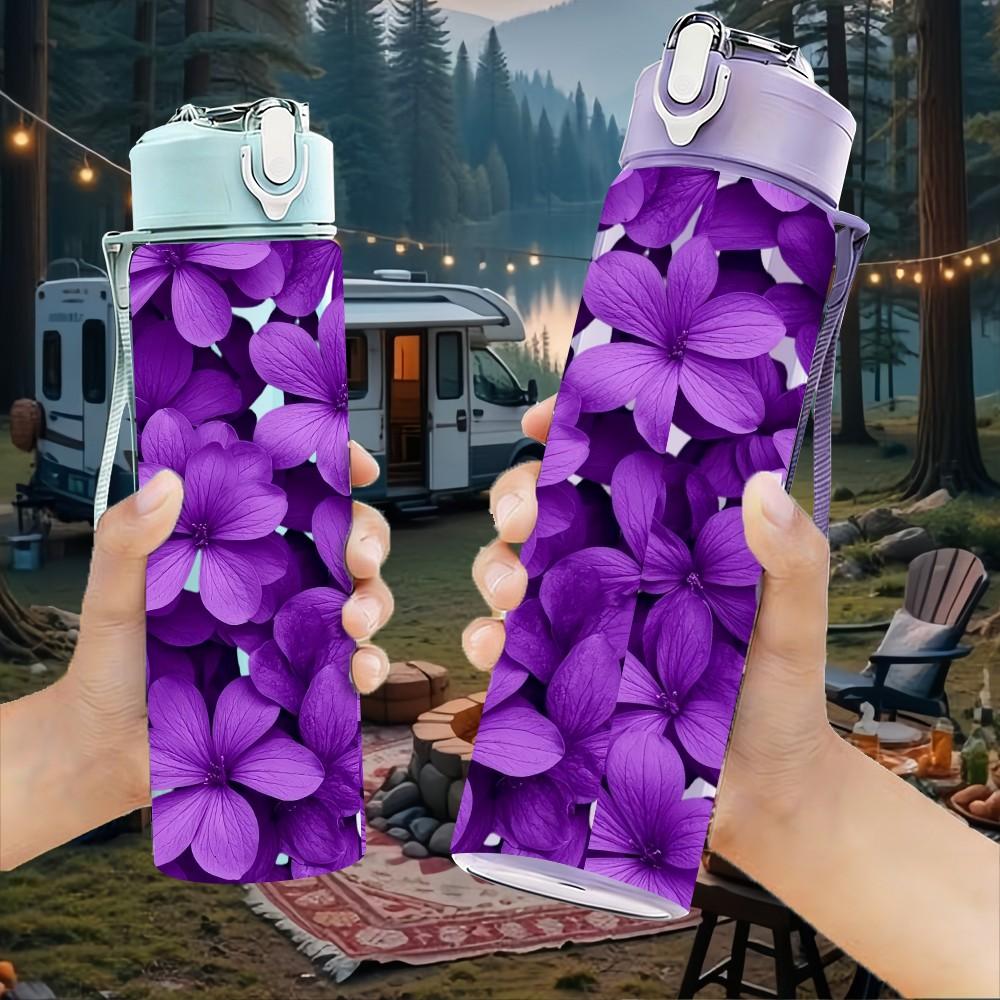 1PC Dense Purple Lilac Flower Cluster Print 750ml Color Plastic Sports Water Bottle Leakproof Flip Straw Lid Suitable for Sports Office Home Use
