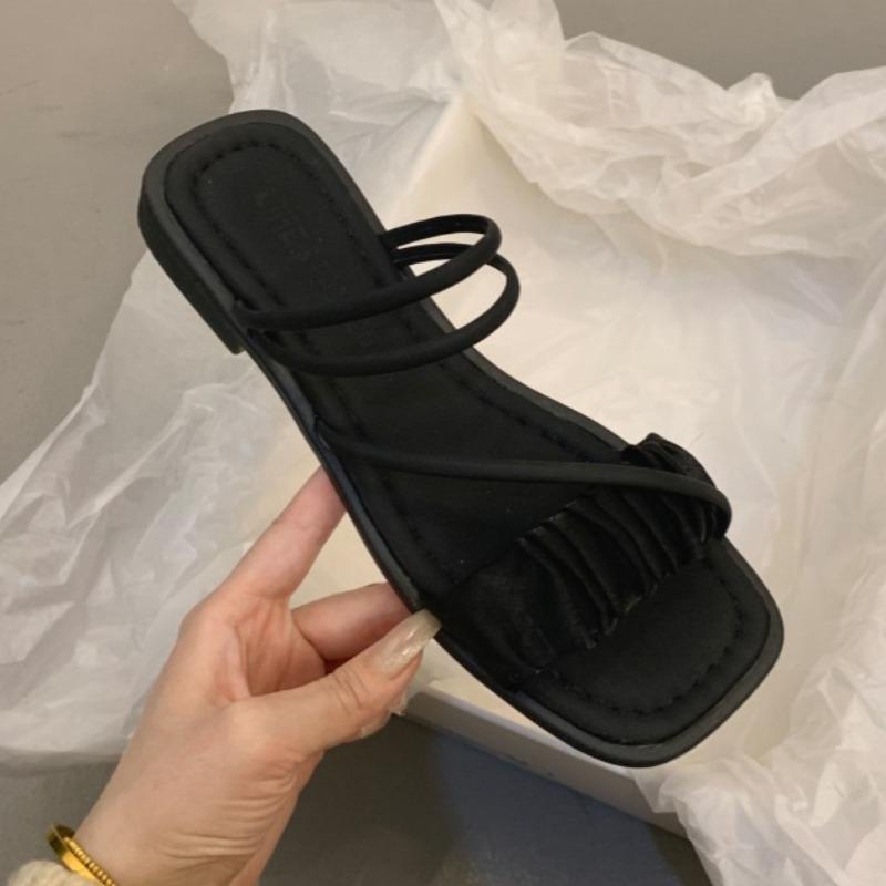 Fashion 2025 New Pleated Square Toe Heeled Slippers Women's Elegant Summer Sandals Designer Comfort Pumps Fairy Soft Sandalias De Mujer
