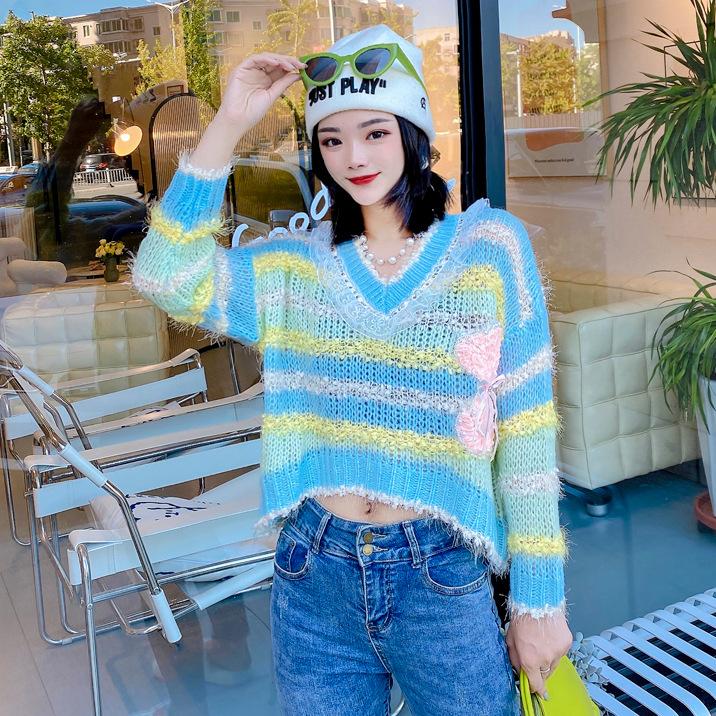 Autumn new sweet rainbow color matching striped sweater women s sequins V-neck thin knitted sweater trendy women s clothing One size fits all