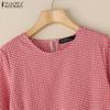 ZANZEA Women Vintage Round Neck 3/4 Sleeves Loose Plaid Blouses
