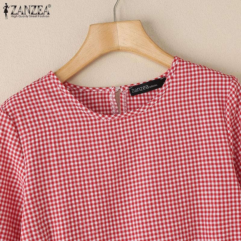 ZANZEA Women Vintage Round Neck 3/4 Sleeves Loose Plaid Blouses