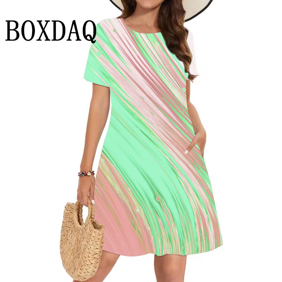 Summer Women Clothing Loose Short-Sleeved Dress Classy Fashion Gradient 3D Printing Casual O-Neck Dresses Street