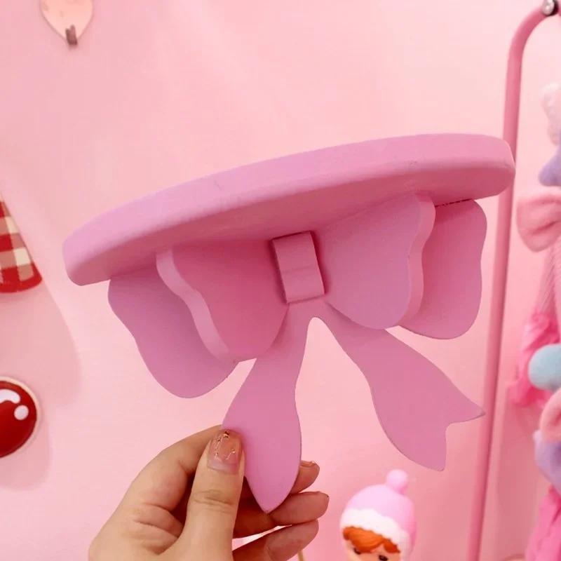 Wooden Decorative Shelves Girls' Room Organizer Holder Pink Wall Shelf Decor Frame Bows Decoration  Wooden Storage Rack