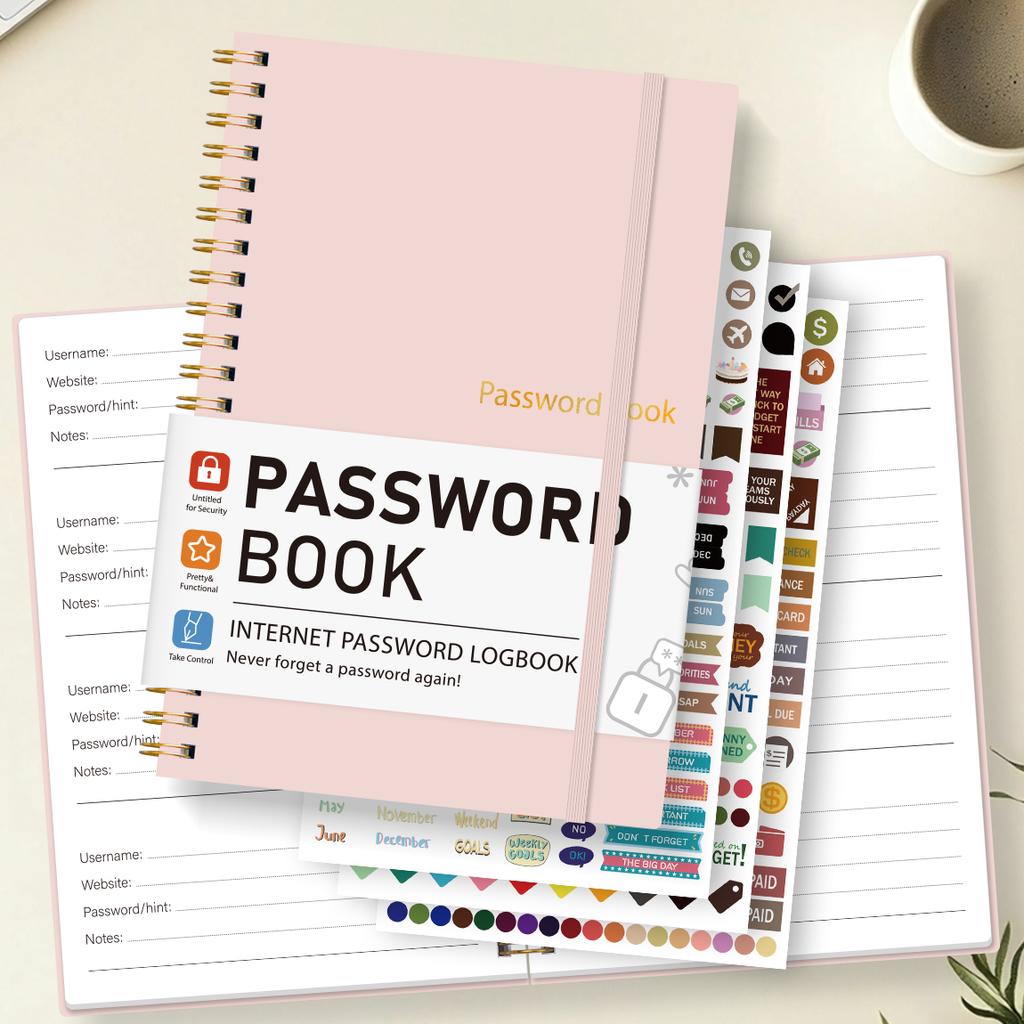 A5 Pink Password Book Internet Address Account Logbook With Password Hint Pages Stickers Spiral Bound