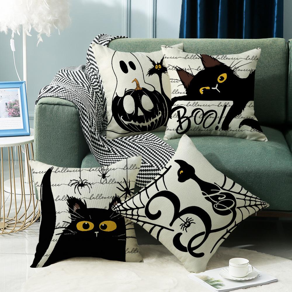 Halloween Funny Pattern Black and White Letter Print Abstract Animal Ghost Simple Home Linen Pillowcase