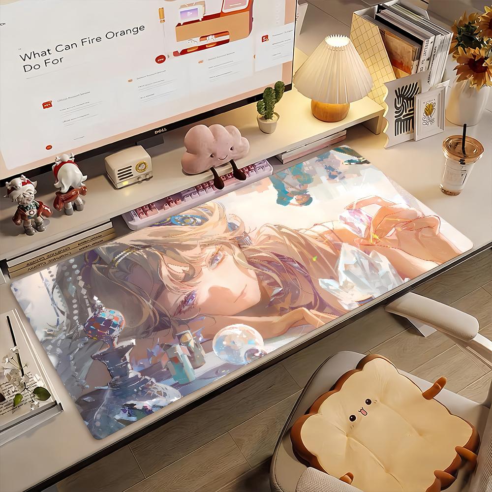 Gaming Mouse Pad Large Desk MatStitched Edges Soft Pastel Anime Girl with Crystal Print Keyboard Pad for Gamer Home Office