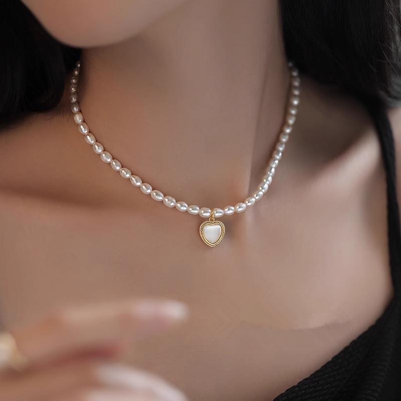 Women's Freshwater Pearl & Abalone Heart Pendant Necklace with Beaded Clavicle Chain