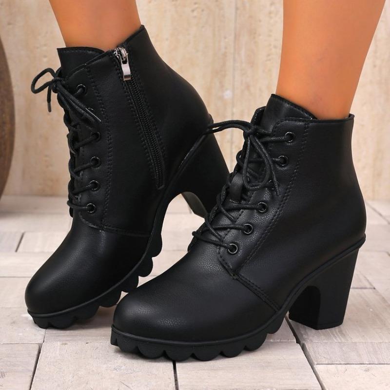 2026 Fashion Short-thigh Boots Autumn New Round Toe Lace-up Side Zipper Platform Anti-slip Wear-resistant High Heels