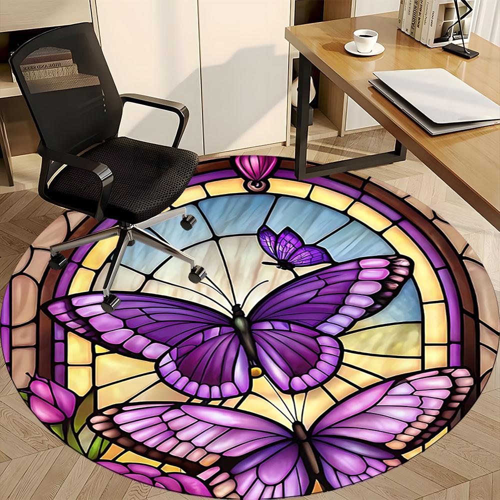 1pc Butterfly StainedGlass Office Round Area Rug,  Mat Suitable ForOffice, Under Office Chairs Bedroom Living Room Home Decor, Room Deco