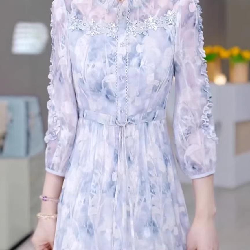Women's Spring 2026 Seven-Sleeve Ruffled Collar Belted Printed Midi Dress