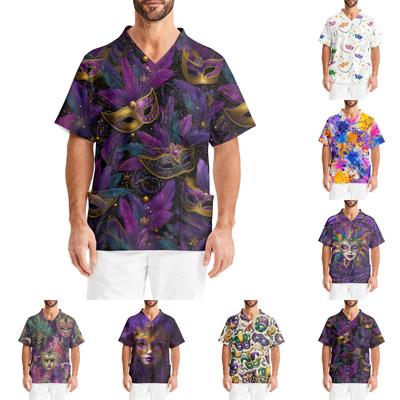 Men's Printing Short Sleeve V-neck Working Blouse Chest Pocket Carer Top