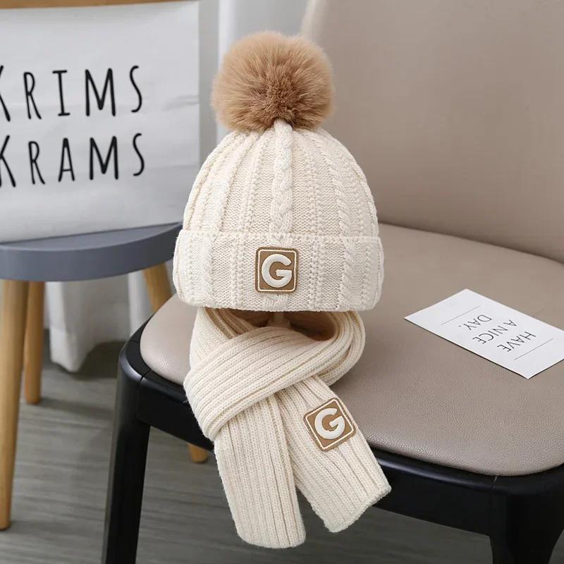 

Спортивная модная детская шапка-шарф бежевого кофейного цвета с буквой G, вязаный крючком шарф для малышей, теплая детская вязаная шапка на осень и зиму