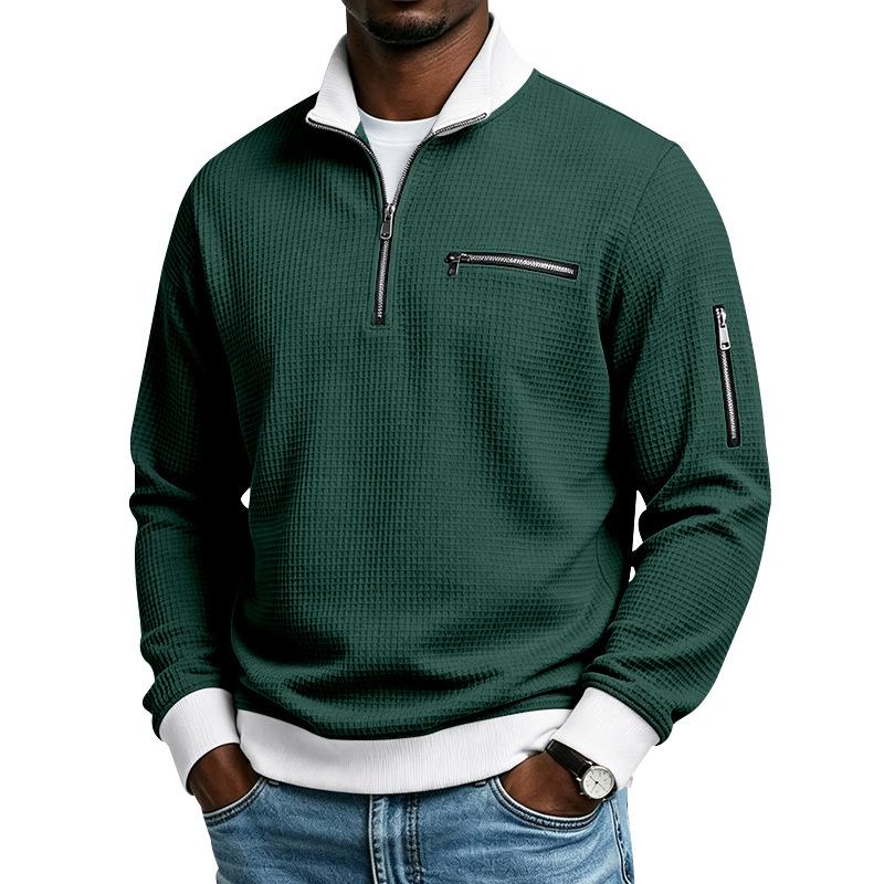 Men's Waffle Textured Half Zip Sweatshirt Stand Collar Long Sleeve Casual Pullover