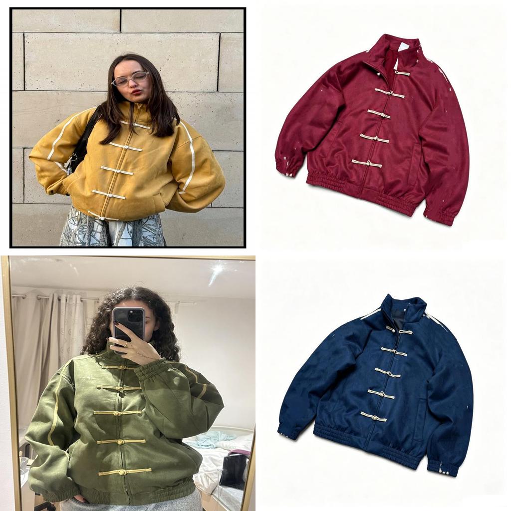 Giacca Retro con Collo a Bottoni e Cravatta in Stile Cinese per Uomo e Donna con Chiusura a Zip