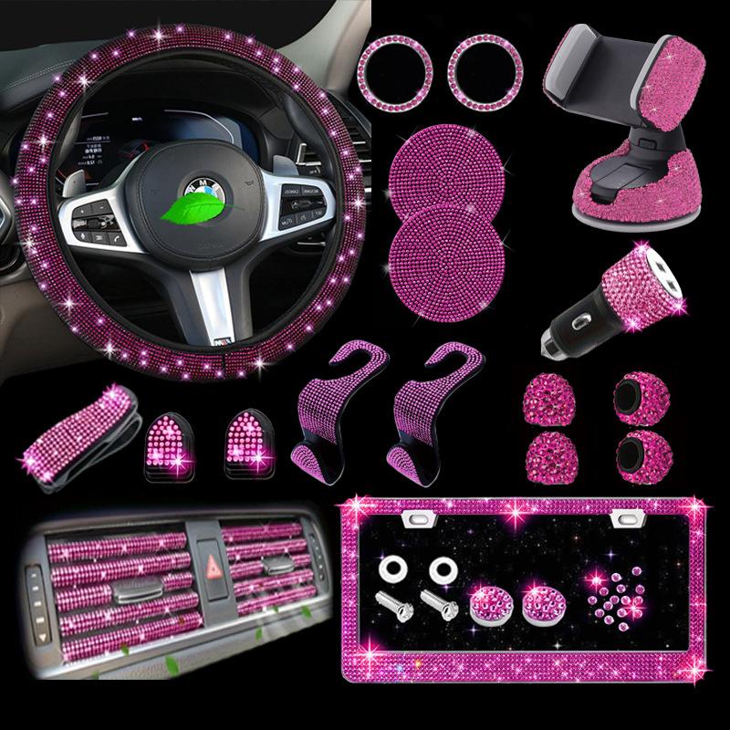 Anti-Slip Comfort Steering Wheel Cover No Inner Ring Elastic Band Diamond Rhinestone License Plate Frame Auto Interior Decoration Universal Black