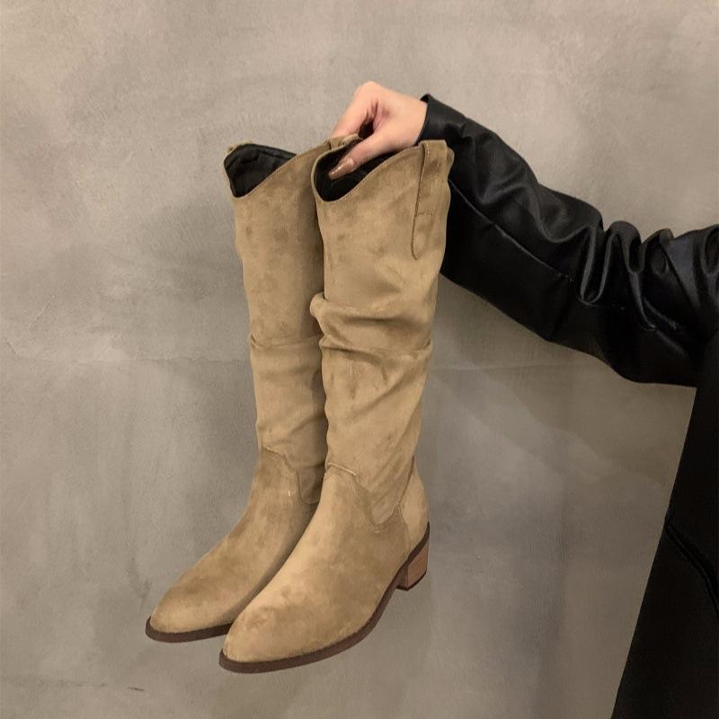 

Retro brown V-mouth stack medium tube knight boots women s shoes 2025 spring and autumn winter pointed western cowboy~ long boots 40