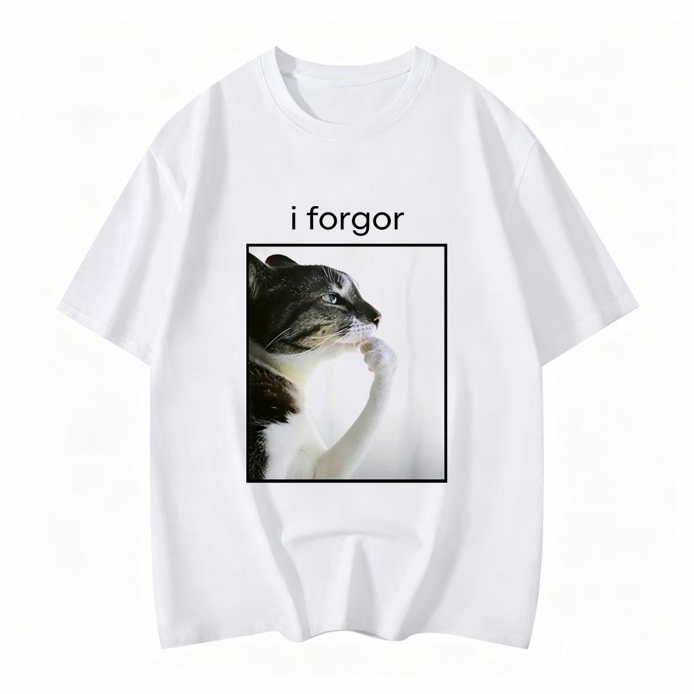 Funny Silly Cat Meme I Forget Cringe Brainrot Graphic Tshirt Round Neck Short Sleeve Tee For Casual Wear Unisex Clothing Y2k