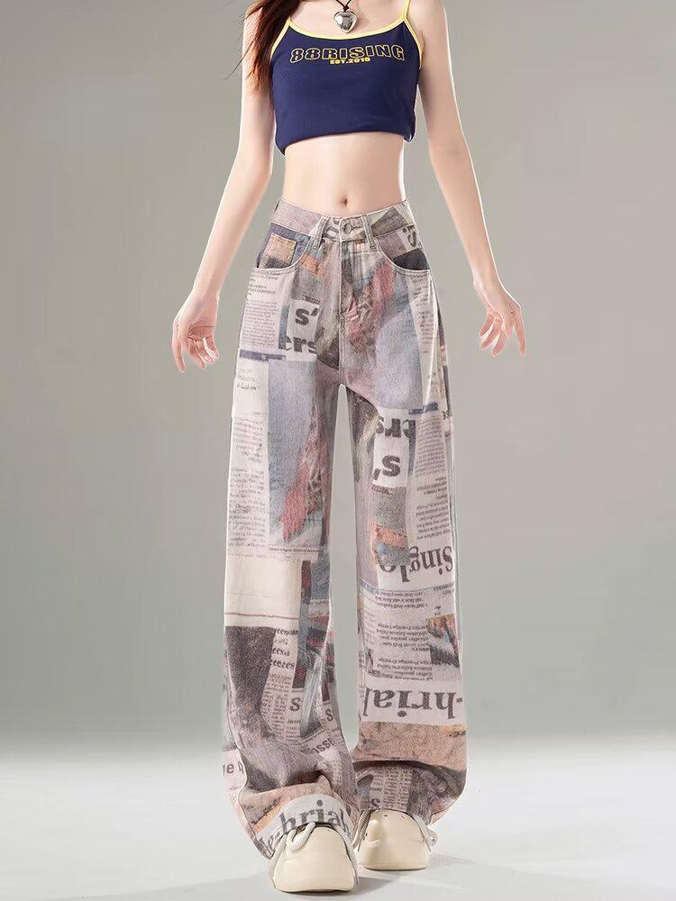 Women's Retro High Waist Newspaper Print Wide Leg Jeans