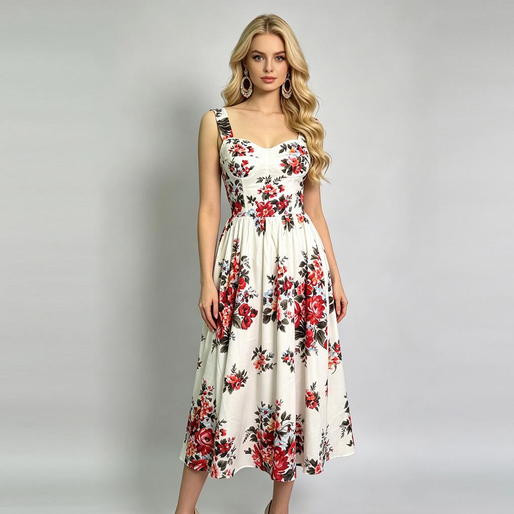 New Summer Holiday Elastic Floral Print Long Dress Women's Spaghetti Strap Cup Padded Backless A-Line Boho Midi Dress