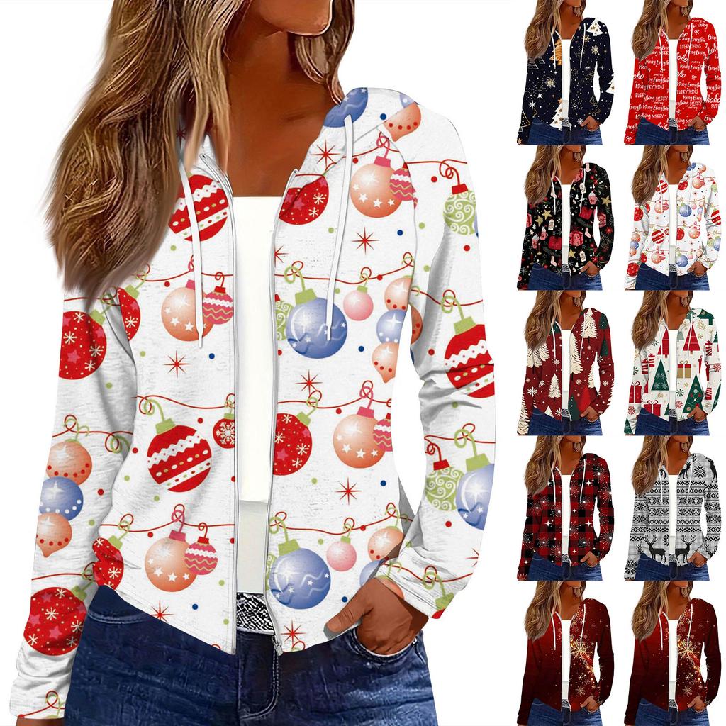 Dame Mote Juleprint Casual Glidelås Langermet Hettejakke