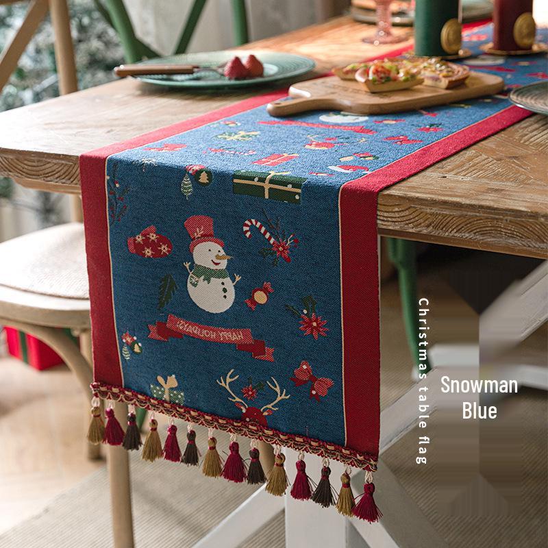Jacquard Yarn-Dyed Christmas Snowman Reindeer Tassel Polyester Table/Bed Runner