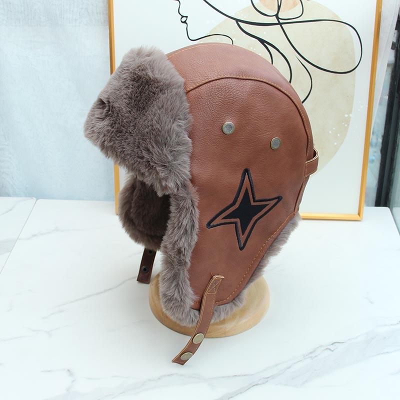 Men's and women's winter leather thickened plush warm cycling Lei Feng hat ear protection hat Northeast outdoor windproof pilot hat