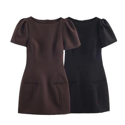 French Bubble Sleeve Sexy Waist-cinching Pleated Dress - Solid Color Short Skirt, European American Style