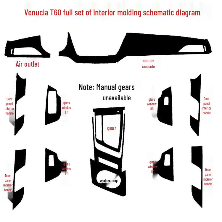 18-19 Venucia T60 Interior Sticker Kit for Console, Door, Window, Gear Shift - Color Modification Film