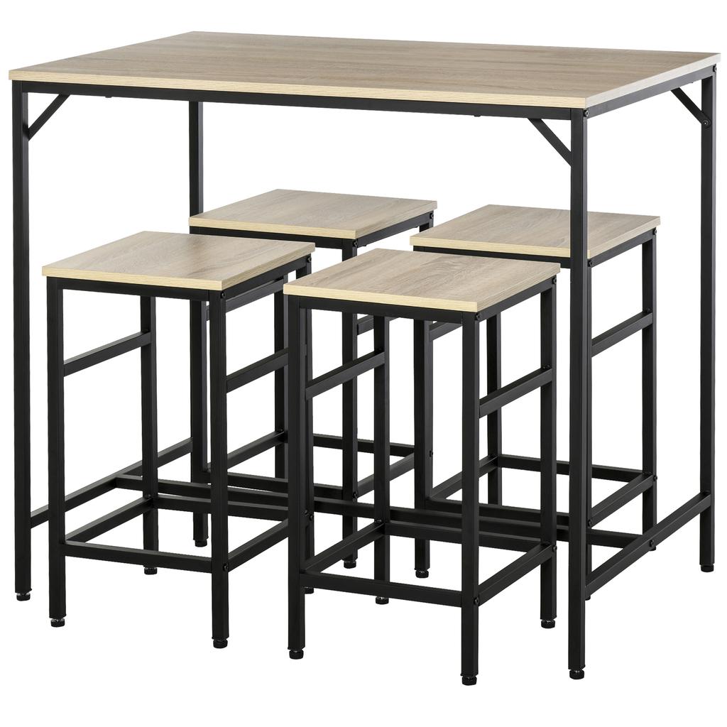 Bar Table Set Standing Table with 4 Bar Stools, 5-Piece Table Set, Steel Oak