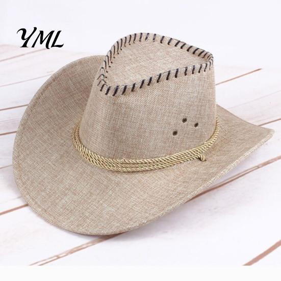 Lightweight Casual Hat Western Cowboy with Windbreak Rope for Men, Wide Brim Linen Sun Outdoor Travel, Halloween Cosplay Costume, Breathable