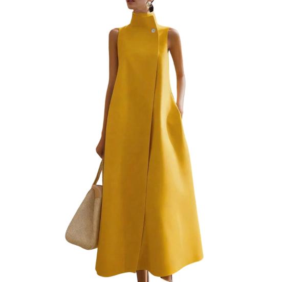 Women s Stand-Up Collar Long Dress Sleeveless One Button A-line Maxi Dress Formal Business Office Work Dress M жёлтый
