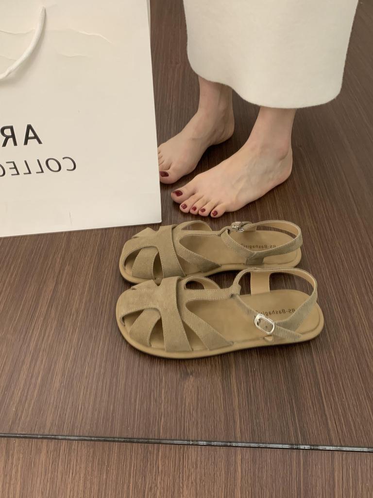 French flat-bottomed Mori leather woven baotou sandals women's summer 2025 new fashion casual beach Roman shoes