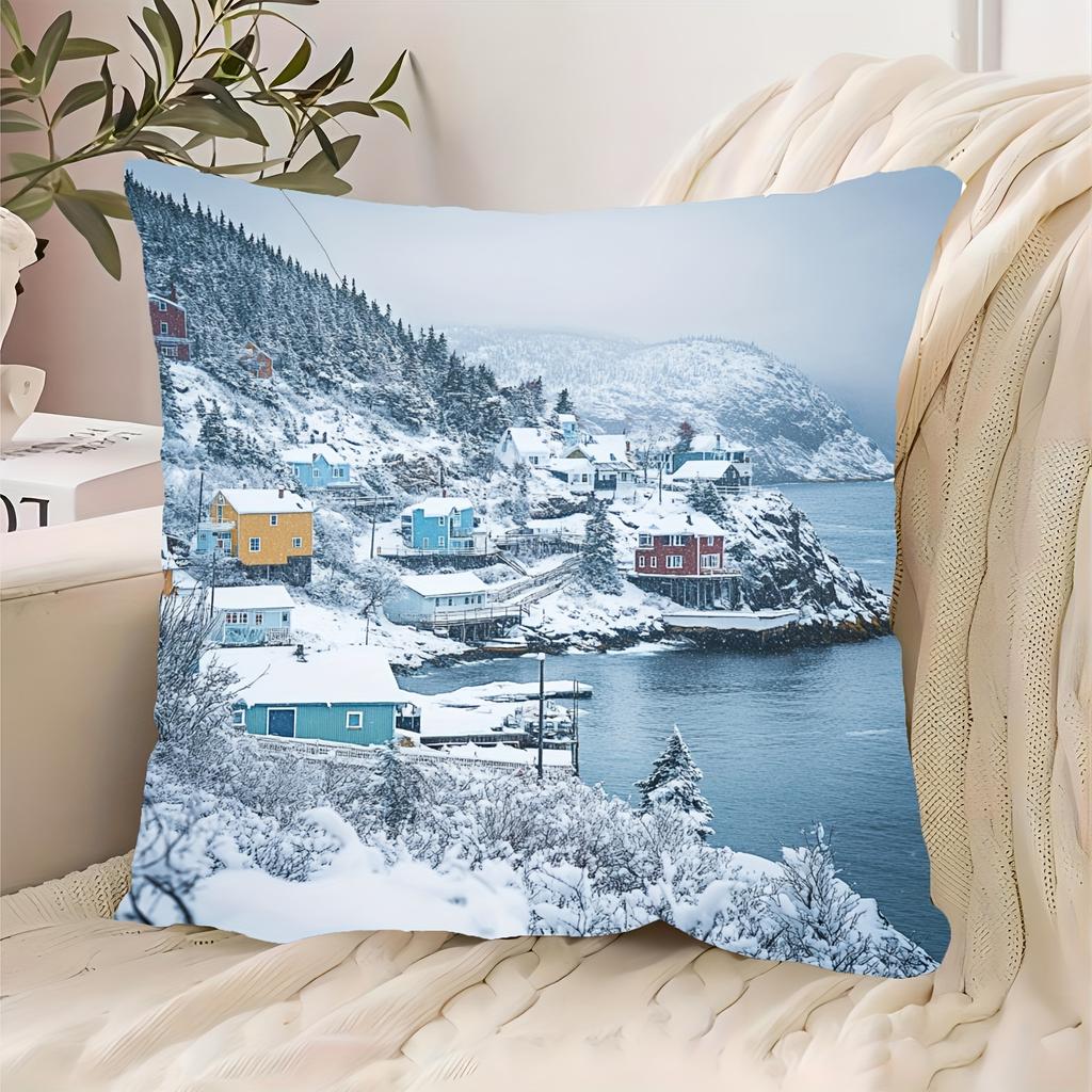 pc D Flat (Pillow Not Included) Snowy Coastal Village Winter Landscape Decor Soft Plush Cushion Case Nordic Style Sofa Throw